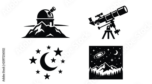 Photos Astronomy Icons Observatory Telescope Crescent Moon And Night Sky Scene