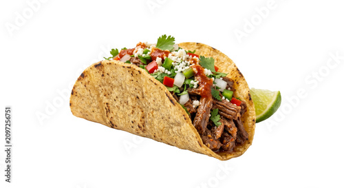 Canvastavla Delicious shredded beef taco with fresh toppings and a lime wedge