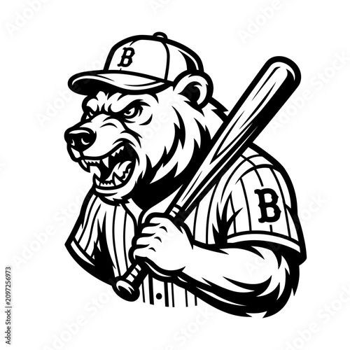 Aggressive bear mascot profile with baseball bat