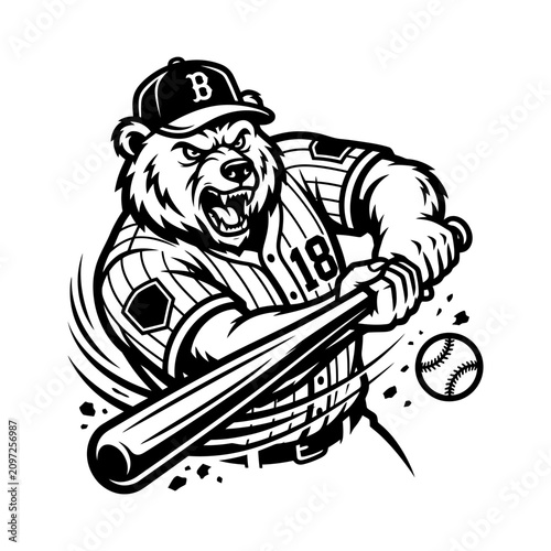 Aggressive bear mascot swinging baseball bat black and white