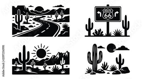 Fotografie Desert Landscape With Route 66 Sign Black Silhouette Vector Illustration