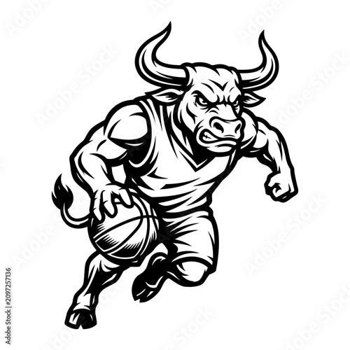 Aggressive bull mascot dribbling basketball black and white.