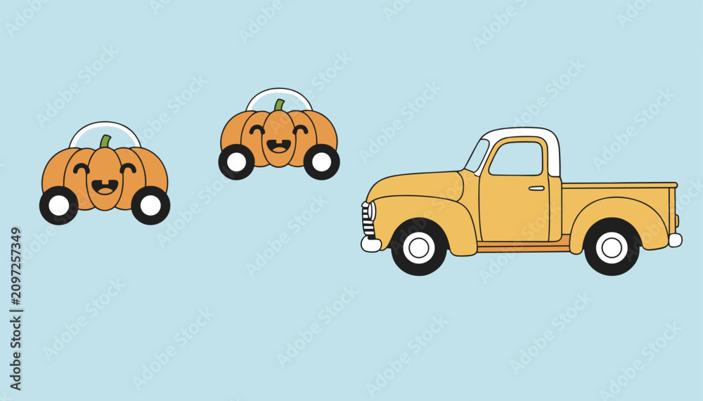 Obraz premium Two cute smiling pumpkin shaped cars driving behind a vintage yellow pickup truck on a light blue background for a fall theme.
