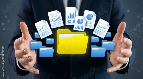 Document Management System DMS with Automated Filing Technology. Businessman Holding Documents and Folder Icons for Digital Organization