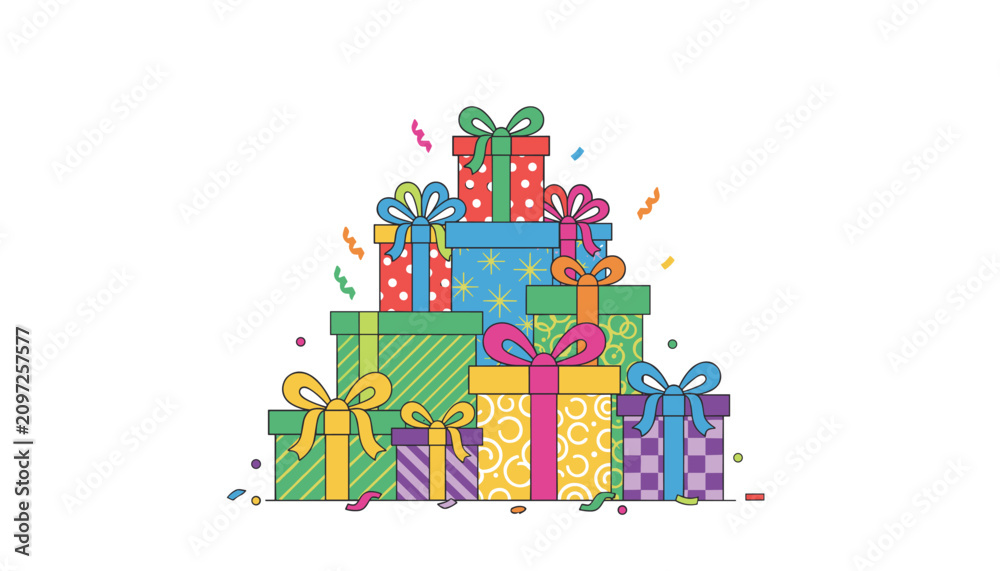 Fototapeta premium Stack of colorful gift boxes with ribbons and bows surrounded by confetti depicts celebration, holidays, birthdays, and festive giving.