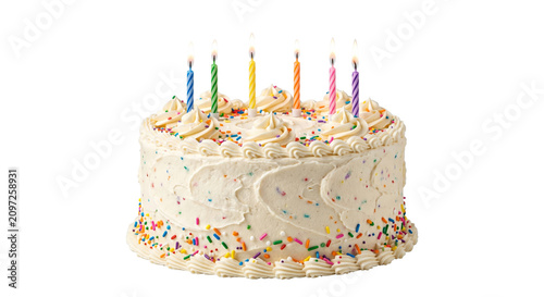 Cuadro en lienzo Festive birthday cake with colorful candles and sprinkles, ready for celebration
