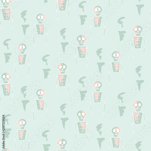 Hand drawn spooky skeleton troops as a scary minimalist holiday pattern in muted colors of sage green, white and pink on mint green. Halloween seamless vector pattern. Great for home decor, fabric.