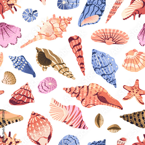 Konstfotografi Repeatable pattern of many different seashells- scallops, conches, cockleshells