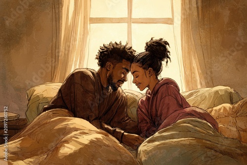 Tender moment: Black couple cuddling on a cozy bed under warm lighting