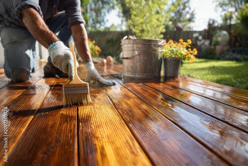 Terrace renovation scene: worker applying deck oil to wooden boards
