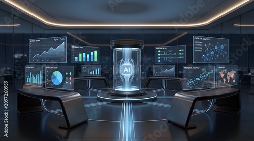 Futuristic AI Command Center with Holographic Data Screens and Central Artificial Intelligence Core
