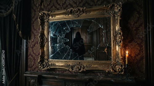 A hooded silhouette appears within a shattered antique mirror above a lit candle in an elegant dark Victorian room.