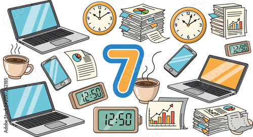 vector office productivity laptops smartphones clocks papers charts business multitasking time management work design illustration