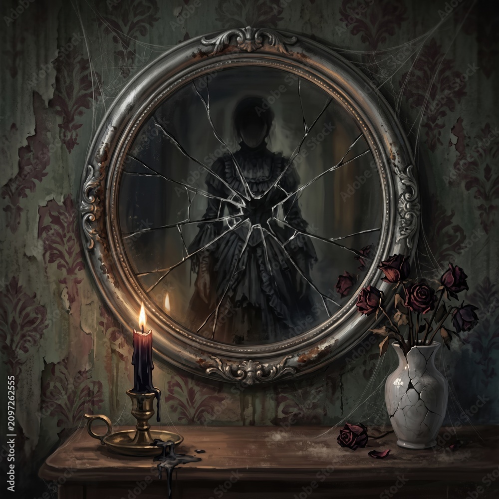 Obraz premium A shadowy silhouetted figure appears within a cracked circular mirror surrounded by dried roses and a lit candle in a decaying room.