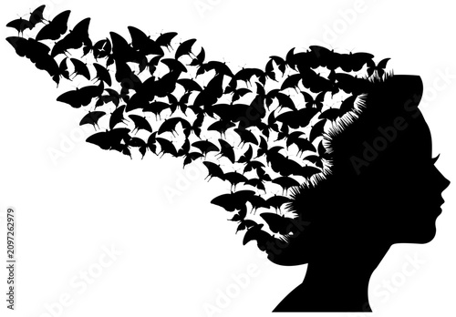 Canvas Print Black silhouette profile of a woman with butterfly hair concept silhouette butte