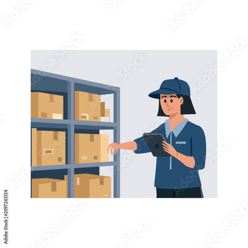 Warehouse Worker Checking Inventory on Tablet Flat Illustration. Warehouse Staff Inspecting Stock. Logistics Worker Checking Inventory.