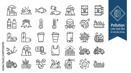 Photos Pollution Line Icon Set – 30 Editable Stroke Vector