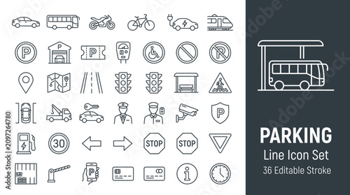 Canvastavla parking, transport, vector, icons, line, outline, stroke, editable, car, motorcy