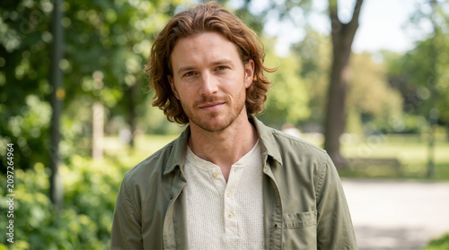 Portrait of a young man with long wavy hair in a casual henley shirt. Handsome male model standing outdoors in a green park