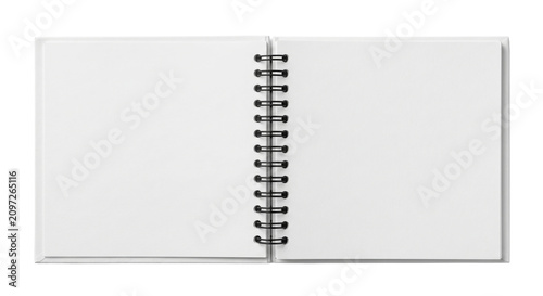 Photos Open blank spiral bound notebook with clean white pages and black binding