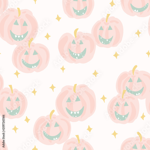 Hand painted happy shining jack-o'-lanterns with stars as a minimalist holiday design in muted colors of pink, peach, gray and yellow on white. Halloween seamless vector pattern. Great for home decor.