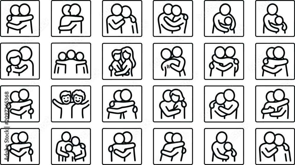 Fototapeta premium Hug and Emotional Support Outline Icons Set, Family Care, Love, Compassion, Parenting, Mental Health and Relationship Line Vector Collection
