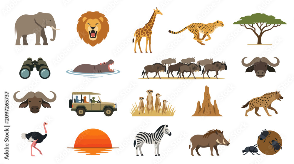 Obraz premium African Safari Wildlife Animals and Nature Elements Flat Design Vector Icons Set