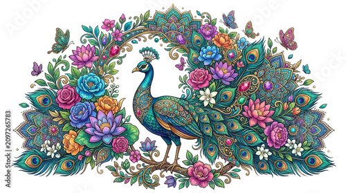 Elegant Peacock Colorful Vector with Floral Feathers, Butterflies, Gemstones and Mandala Pattern