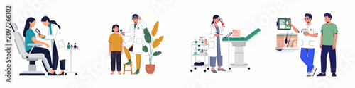 Foto Set of flat illustrations depicting various dermatology clinic scenes where doctors examine patients' skin conditions and explain medical treatments