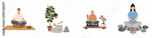Canvas Print Set of diverse people practicing meditation and mindfulness with zen elements like incense, singing bowls, prayer wheels, and bonsai trees on a white background