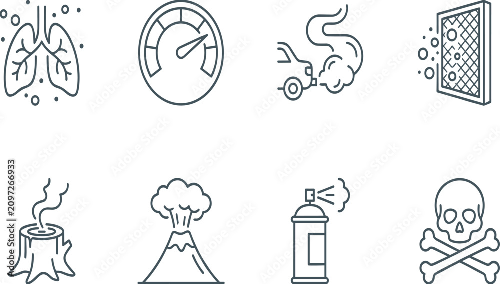 Naklejka premium Air Pollution and Carbon Emissions Line Icon Set Featuring Lungs, Gauge, Car Smoke, Air Filter, Volcano, Spray Can, and Skull Symbols