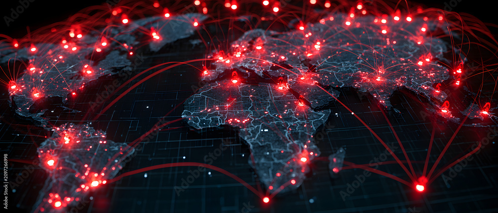 Obraz premium Digital world map featuring glowing red caution signs and highlighted network links to indicate cybersecurity risks along with global trade statistics