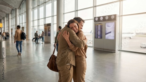 Emotional reunion of a happy couple embracing at the airport terminal after a long journey, celebrating love, connection and joyful homecoming together