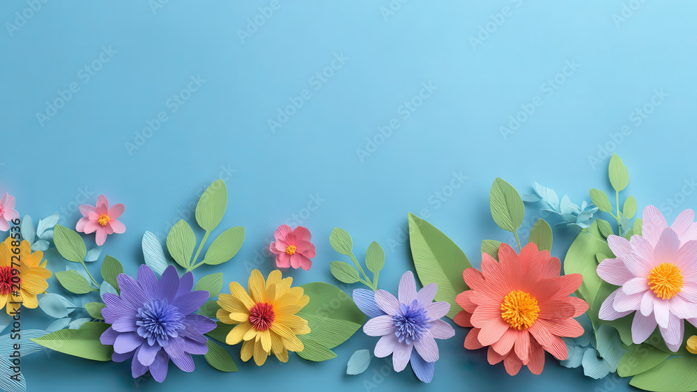 Fototapeta premium Vibrant paper flowers and green leaves form a decorative border on a light blue background, evoking spring's beauty.