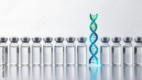 Glass vial row with dna helix, laboratory science, medical research, genetic test, sterile sample