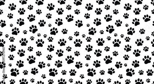 Fotografie Black dog paw prints pattern on white background simple graphic design for pet r