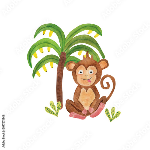 Photography Cute watercolor monkey sitting under palm tree isolated on white