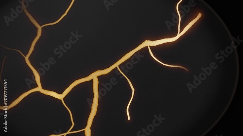 Golden kintsugi cracks on dark ceramic object (Looped animation)
