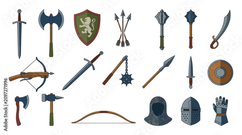 Flat Design Medieval Warfare Weapons and Armor Vector Icon Set for Historical Combat and Fantasy RPG