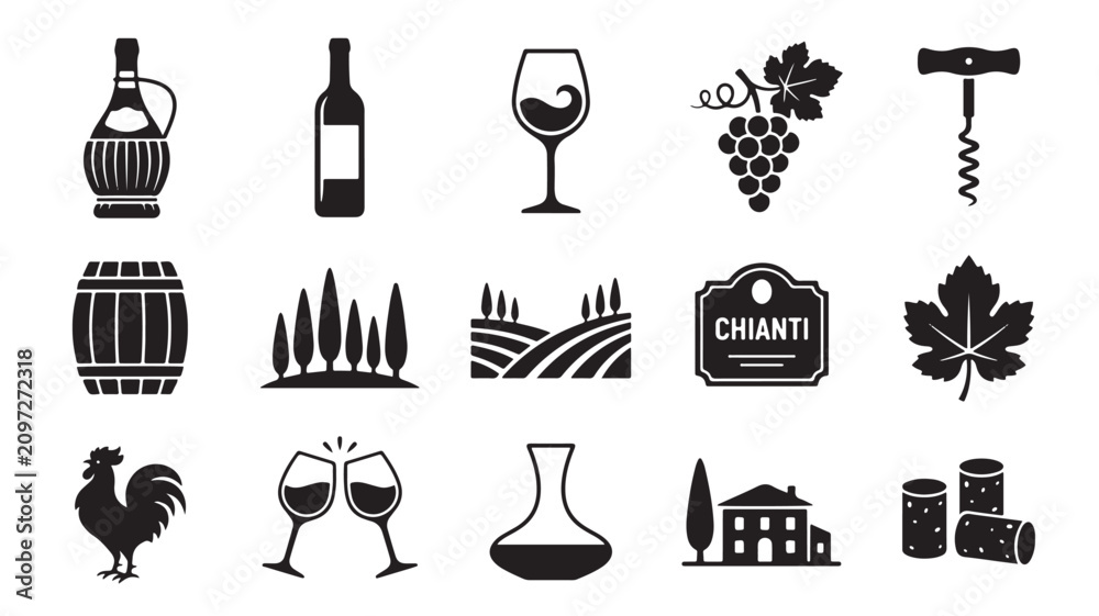 Obraz premium Wine, vineyard, icons set, 15 black vector graphics, wine industry, wine bottles, wine glasses