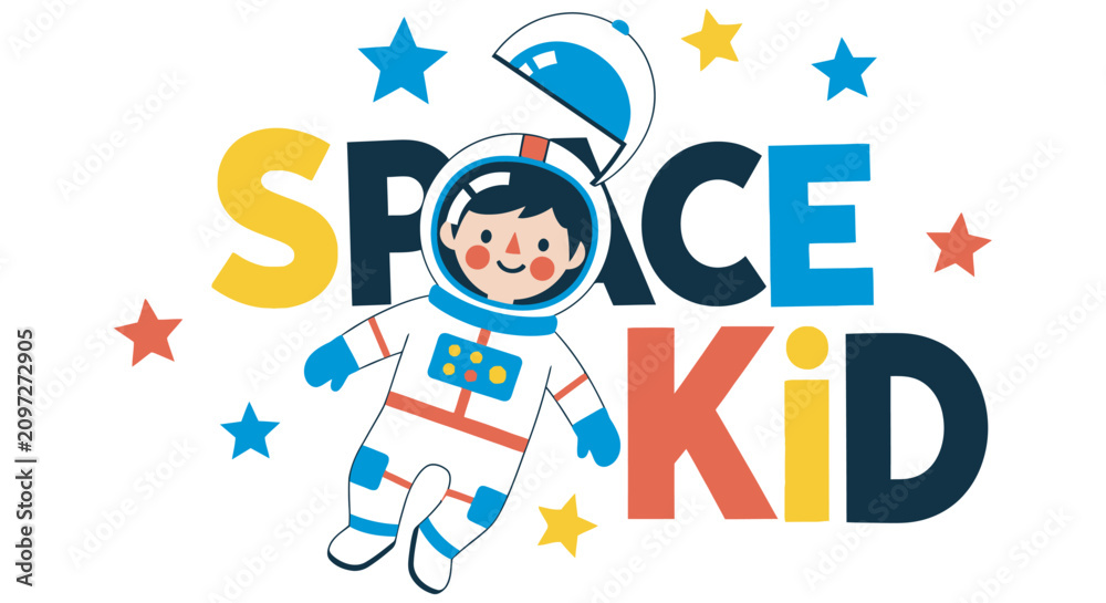 Fototapeta premium Astronaut illustration with stars and text colorful vector graphic on white background