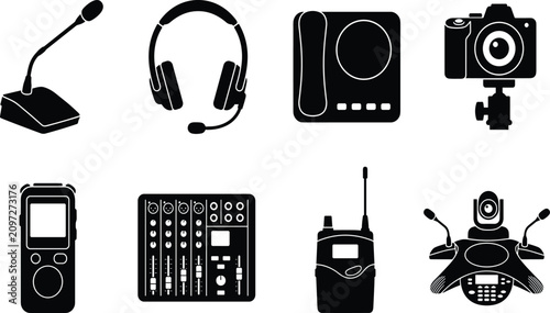 Foto Conference audio and video equipment vector silhouettes set featuring microphone