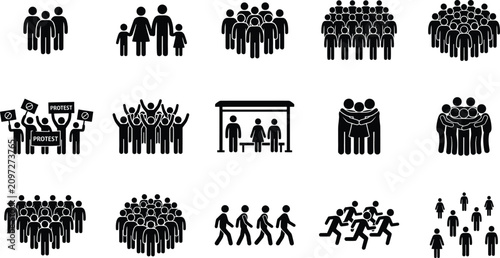 Diverse stick figure crowds gathered in various social and public settings against a white background