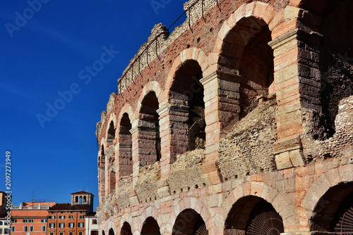 Ancient roman architecture. Verona Arena monumental arches ruins, in the city historic center