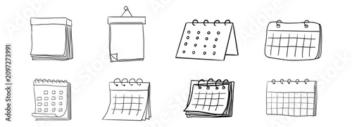 Calendar sketchy planner icon doodle grid icon, hand drawn. Hanging desk line schedule set. Reminder and calendar with a check