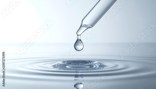 A dropper dropping a single clear liquid drop into calm rippling water surface