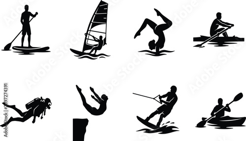 Schilderij op canvas Water sports and extreme aquatic activities vector silhouettes set featuring paddleboarding windsurfing diving synchronized swimming kayaking and wakeboarding