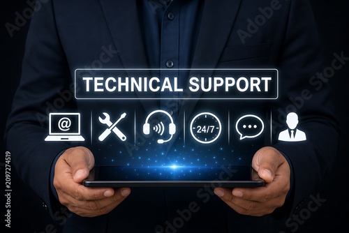 Hands holding tablet with technical support icons and glowing digital interface