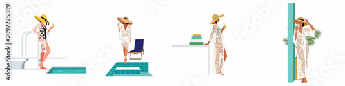 Fotografie Set of minimalist illustrations featuring elegant women in lace resort wear and sun hats enjoying champagne by a luxury swimming pool