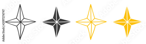 Set of four point star icons in black and yellow on transparent background
